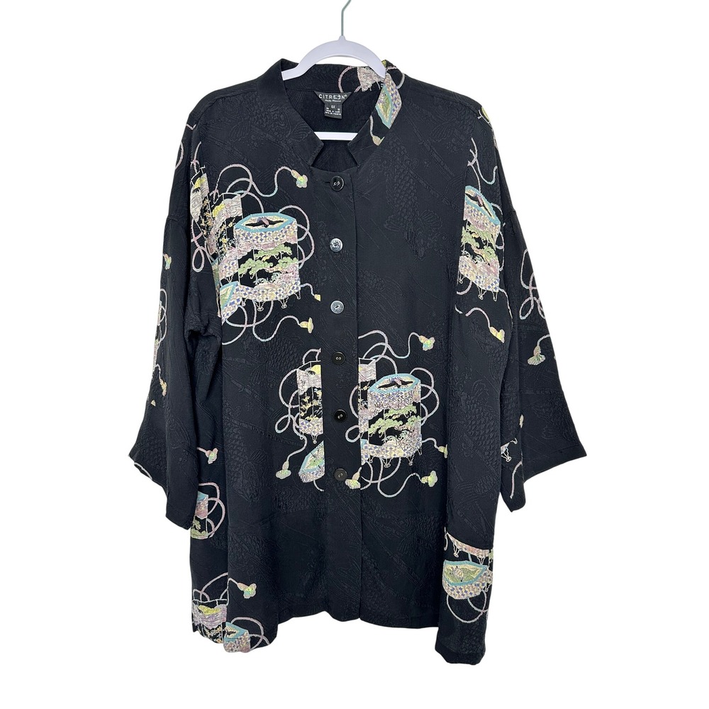 Citron Santa Monica Silk Tunic Top 0X Black Koi Fish Art To Wear Button Up 18W